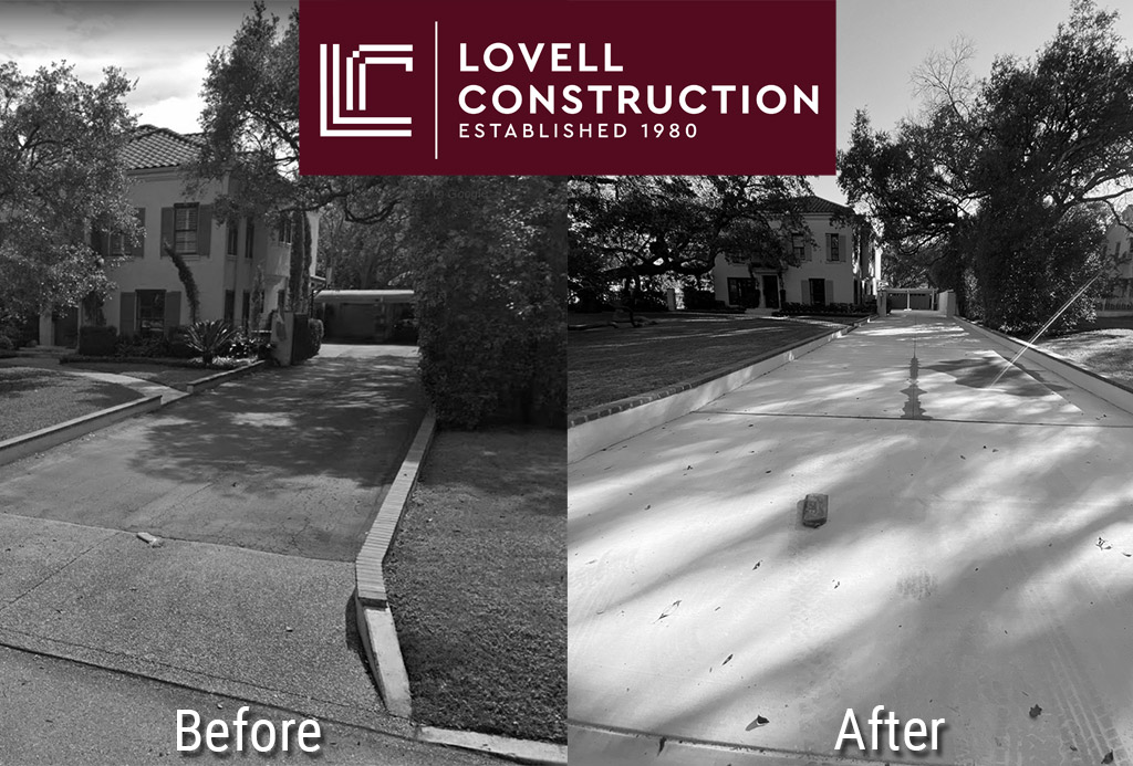 Featured image of before and after photo of a residential concrete driveway remodel