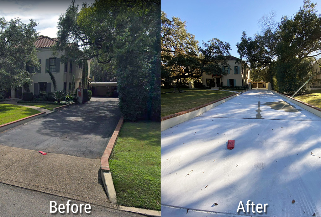 Before and After image of a residential concrete driveway renovation