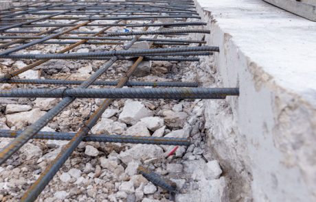 Image of a double mat layer of tied rebar before a concrete pour