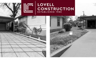 Before and after image of a residential concrete driveway renovation