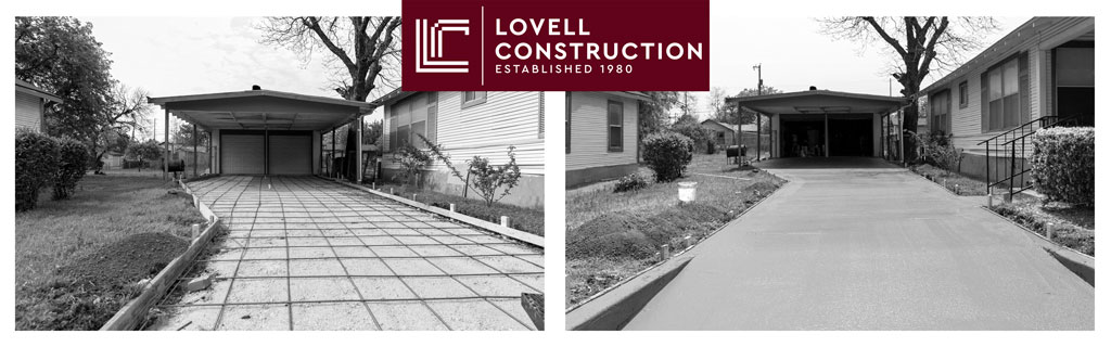 Before and after image of a residential concrete driveway renovation